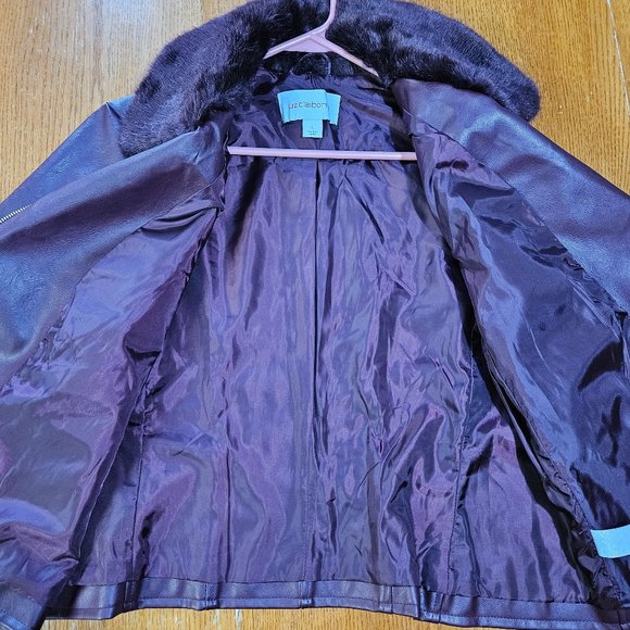 NEW Liz Claiborne Removable Faux Fur Collar Zip Coat size L Faux Leather Maroon - Picture 15 of 15